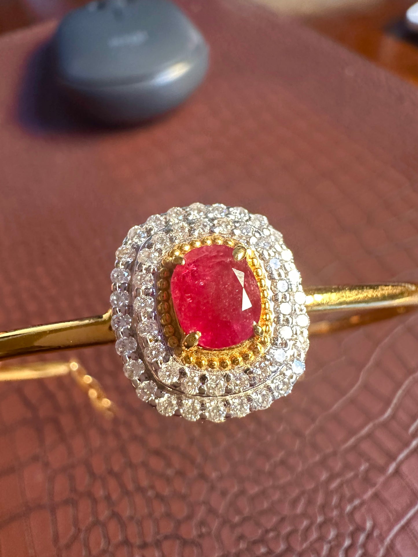 Natural Unheated Burmese Rubies and Natural Diamonds Bangle in 18K Solid Gold