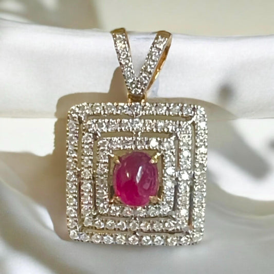 Natural Unheated Cabochon Burma Ruby (1.5CT) and Natural Diamonds in 20K Solid Gold Pendant