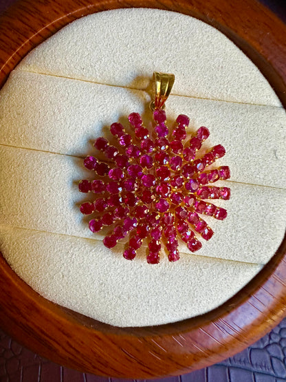 Majestic Natural Unheated Burmese Rubies Sunburst Pendant in 20K Solid Gold