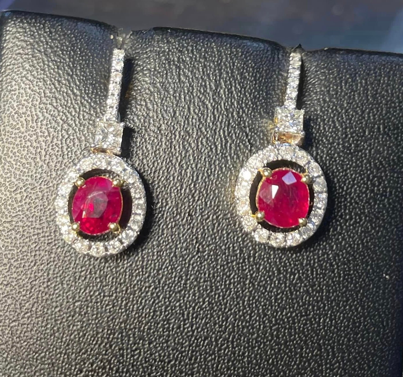Natural unheated Burmese rubies (1.55CT) and natural diamond drop earrings in 20K solid gold