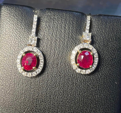 Natural unheated Burmese rubies (1.55CT) and natural diamond drop earrings in 20K solid gold