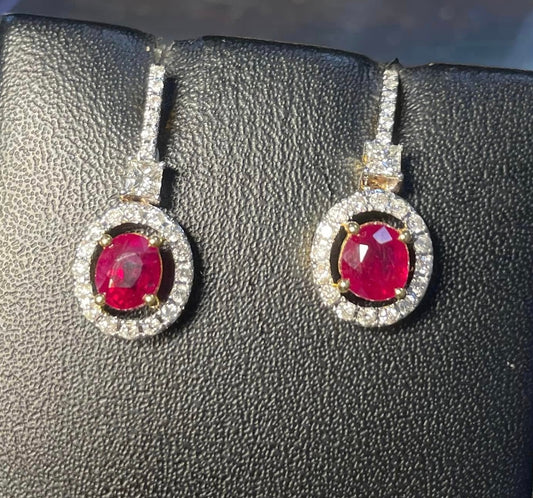 Natural unheated Burmese rubies (1.55CT) and natural diamond drop earrings in 20K solid gold