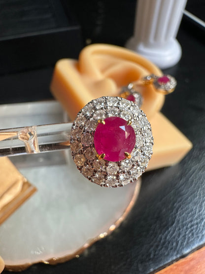 Natural unheated Burmese rubies (3.2CT) and natural diamond drop earrings in 18K solid gold