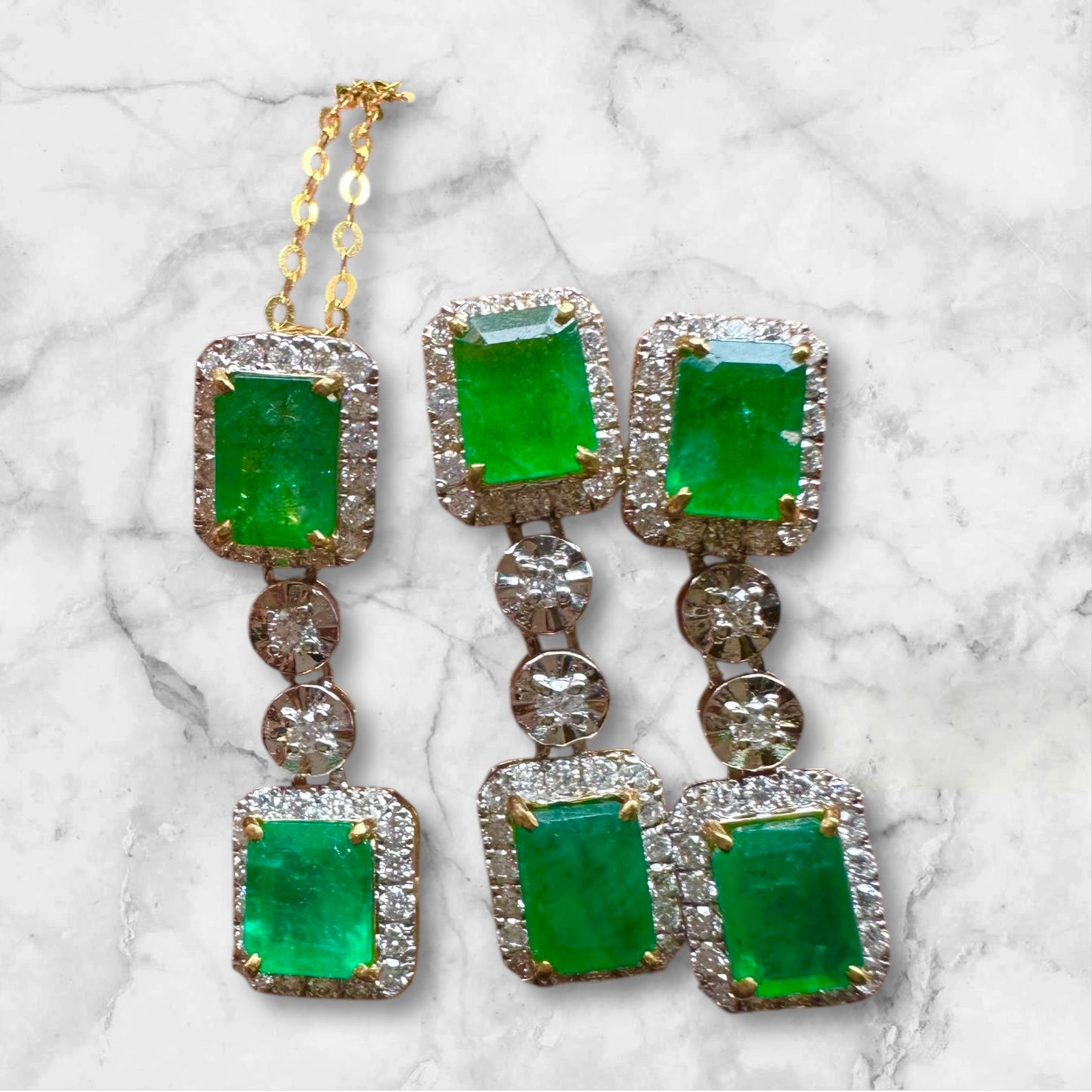 Two-Step Drop Natural Emerald & Diamond Statement Set