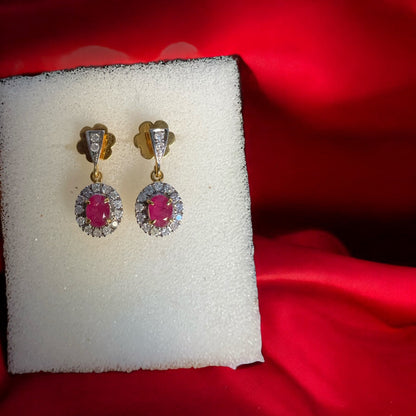 Teardrop style Natural unheated Burmese ruby and natural diamond earrings in 20K solid gold