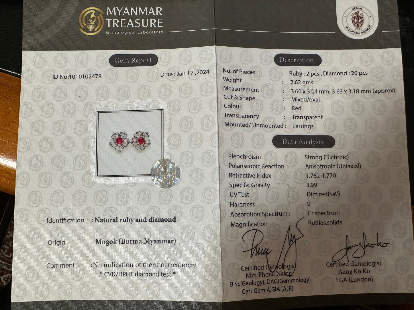 Natural Unheated Burmese Ruby and Diamond with 21K Solid Gold Earring