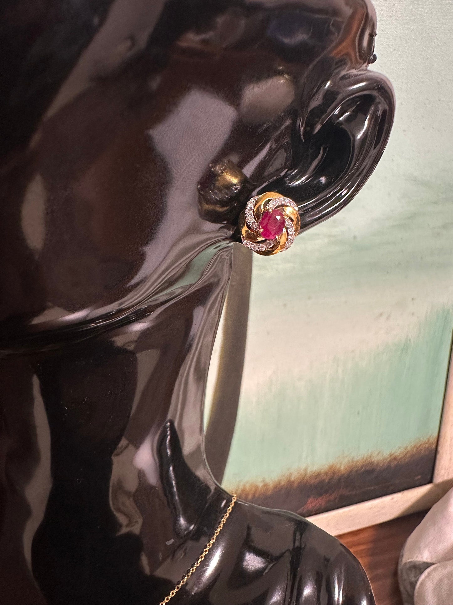 Burmese Natural Unheated Ruby and Natural Diamonds Earrings (1.28CT) in 18K Solid Yellow Gold