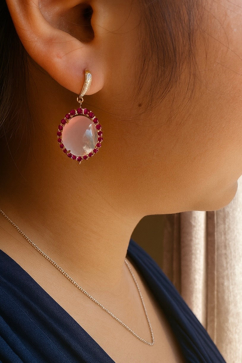 Elegant Rose Quartz & Ruby Earrings • Diamond Accented • 20ct Gold