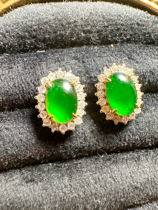 Diana-Style Earrings - Burmese Jadeite Jade with Natural Diamonds Earrings in Solid Gold