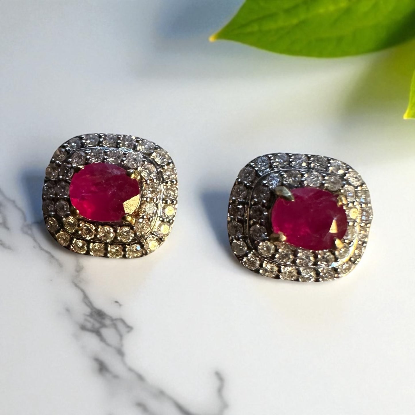 Natural unheated Burmese rubies (1.50CT) and natural diamond drop earrings in 20K solid gold