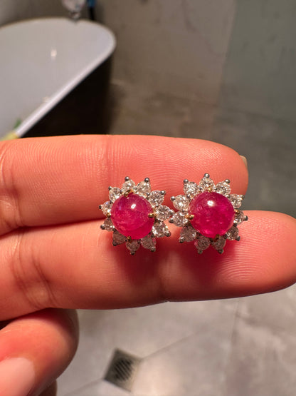 Natural Unheated Burmese Cabochon Ruby & Diamond Halo Stud Earrings | 3.00ct Rubies|18ct Solid Gold