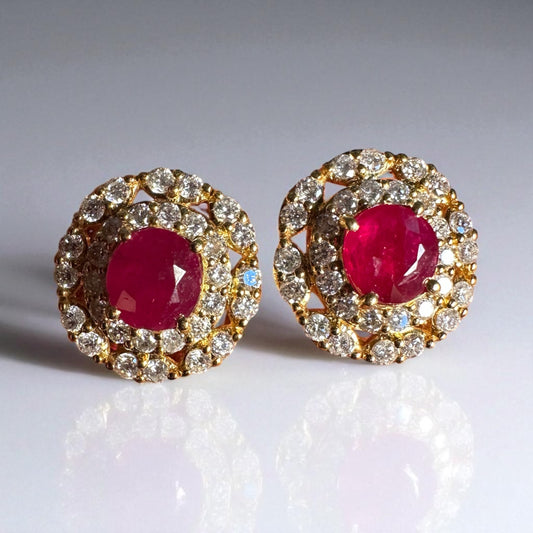 2 Full Carats of Natural Unheated Burmese Ruby & Diamond Halo Earring Set (Matching Pendant Available)