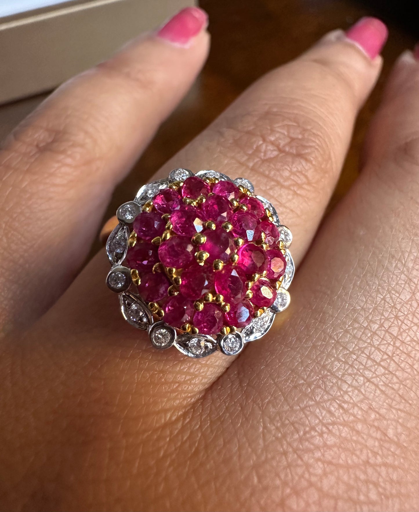 Pigeon Blood-Red Natural Unheated Burmese Ruby Sunburst Cluster Ring | Natural Diamonds | 20K Solid Gold