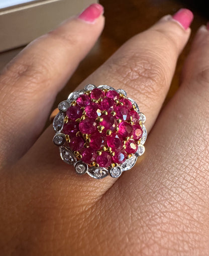 Pigeon Blood-Red Natural Unheated Burmese Ruby Sunburst Cluster Ring | Natural Diamonds | 20K Solid Gold