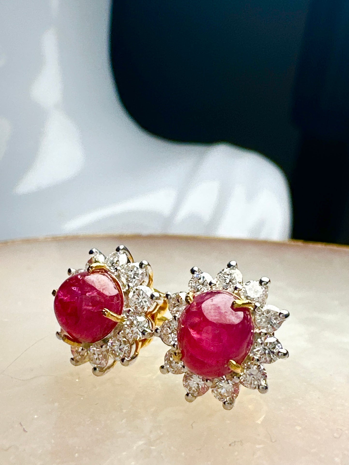 Natural Unheated Burmese Cabochon Ruby & Diamond Halo Stud Earrings | 3.00ct Rubies|18ct Solid Gold