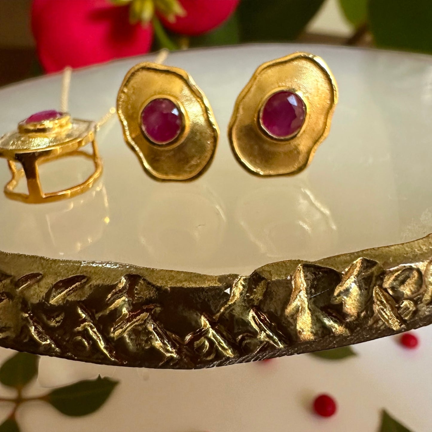Hand-Hammered Artistic Gold and Natural Unheated Burmese Ruby Trio Set