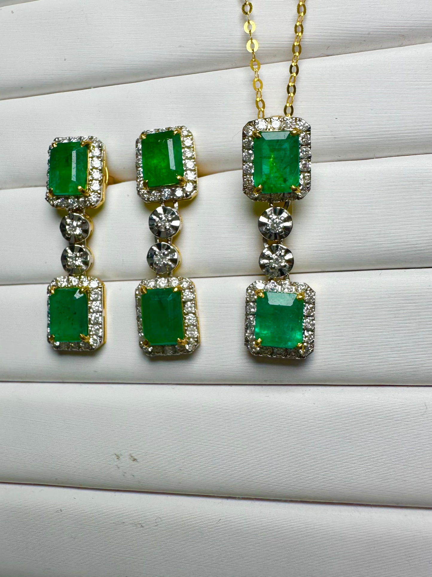 Two-Step Drop Natural Emerald & Diamond Statement Set