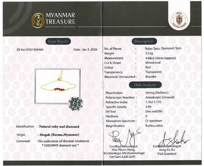 Elegant Natural Unheated Burmese Ruby & Diamond Adjustable Bracelet in 18ct Yellow Gold