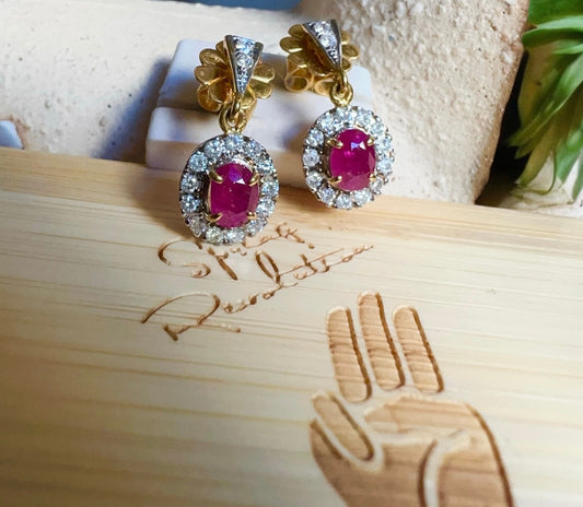 Teardrop style Natural unheated Burmese ruby and natural diamond earrings in 20K solid gold