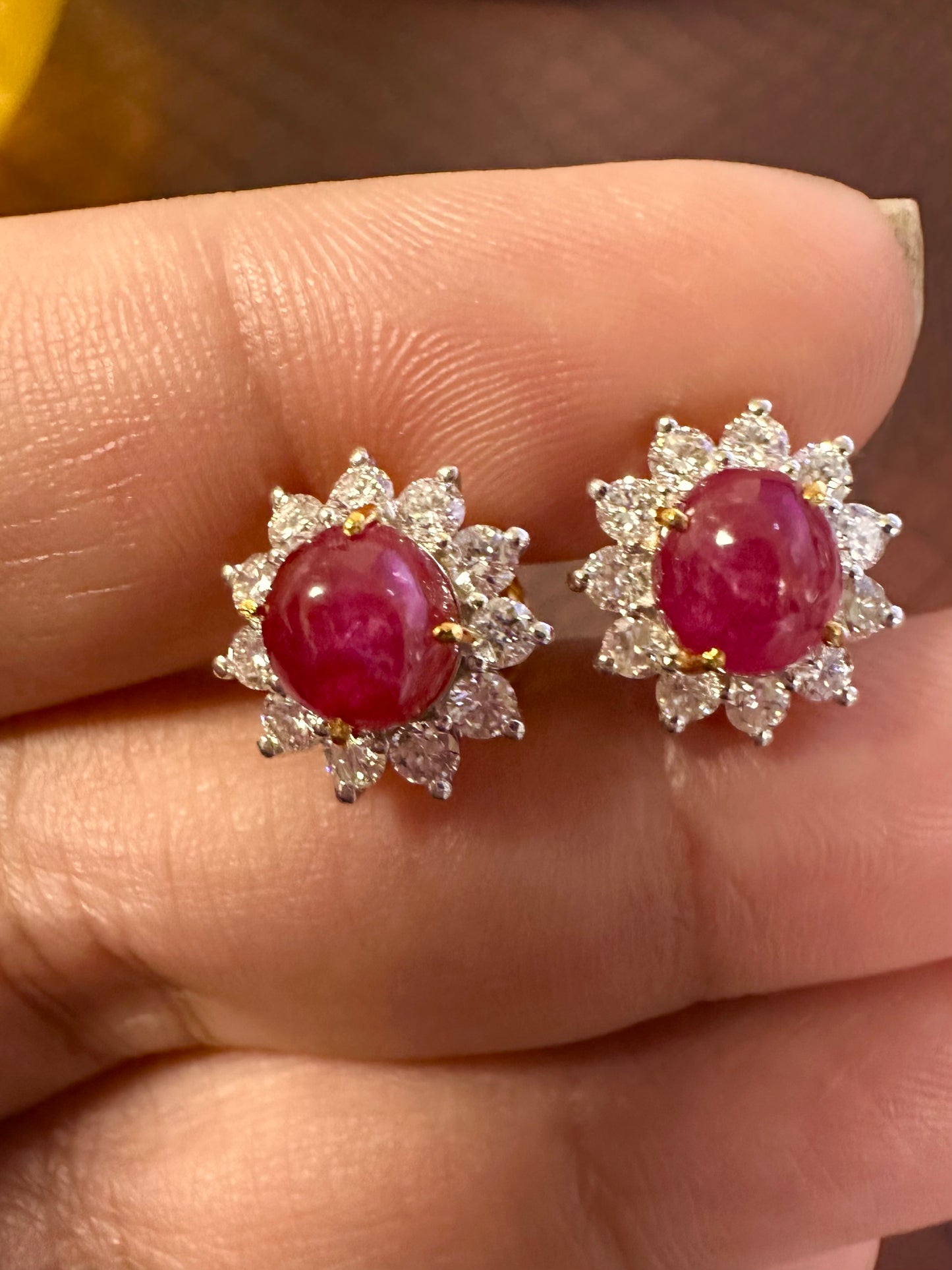 Natural Unheated Burmese Cabochon Ruby & Diamond Halo Stud Earrings | 3.00ct Rubies|18ct Solid Gold