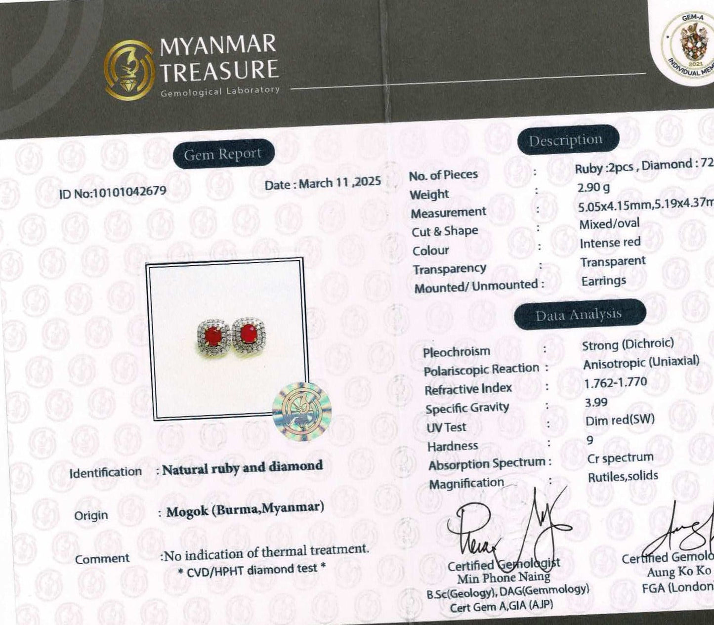 Natural unheated Burmese rubies (1.50CT) and natural diamond drop earrings in 20K solid gold