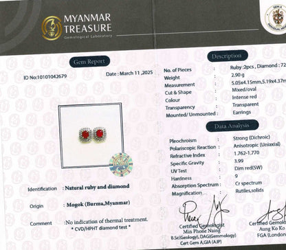 Natural unheated Burmese rubies (1.50CT) and natural diamond drop earrings in 20K solid gold