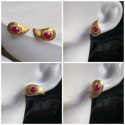 Vintage Style Natural Unheated Burmese Ruby (1.18CT) and Natural Diamonds Earrings in 18K Solid Yellow Gold