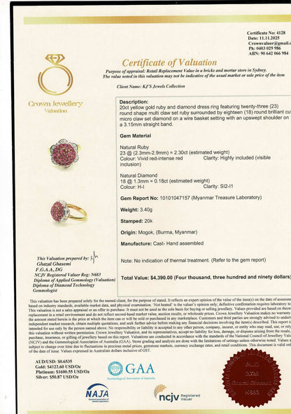 Pigeon Blood-Red Natural Unheated Burmese Ruby Sunburst Cluster Ring | Natural Diamonds | 20K Solid Gold