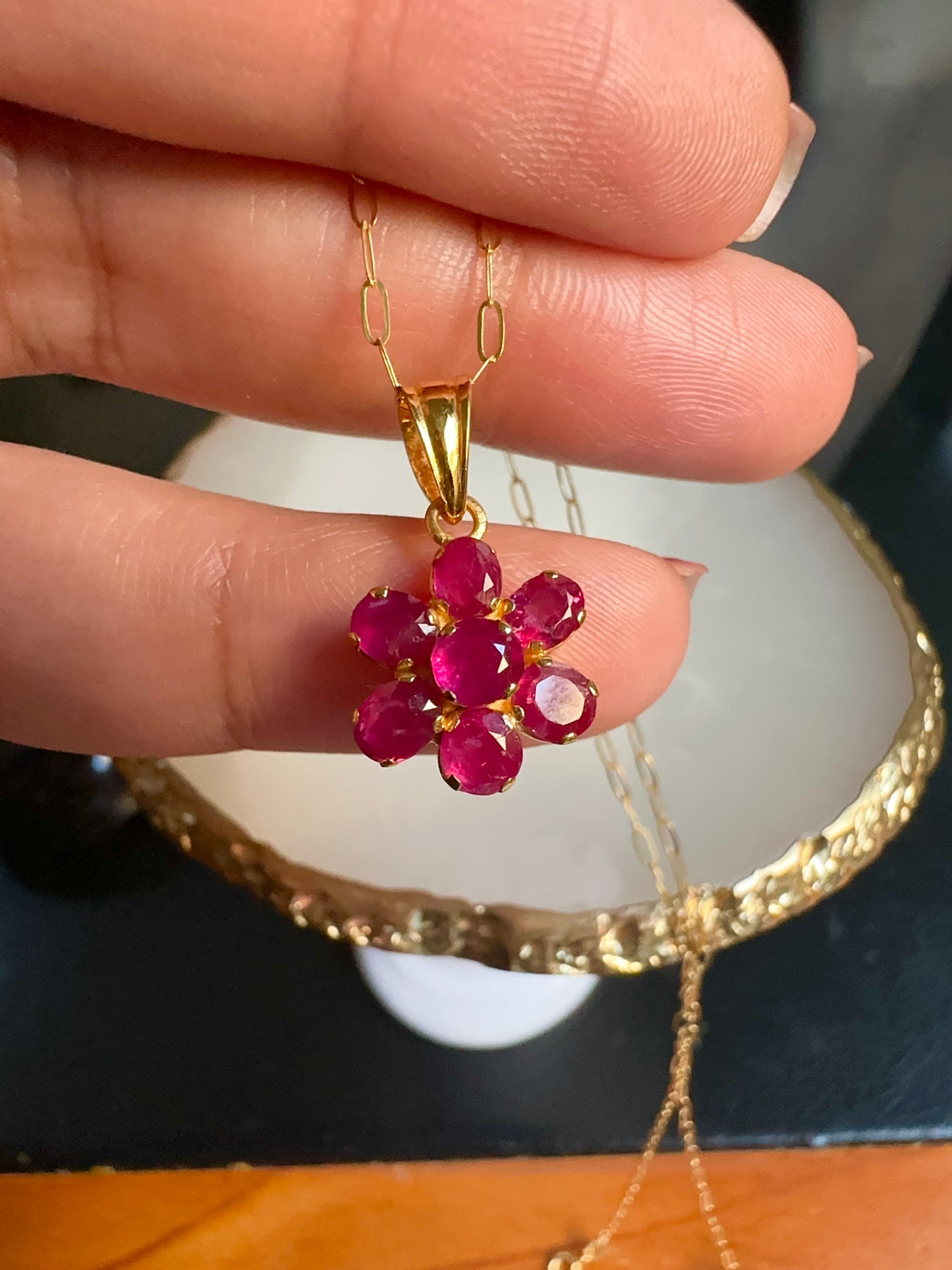 Flower Pendant with Natural Unheated Burmese Rubies in Solid Gold Chain.