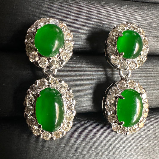 Two Step Drop Earrings Natural Untreated Burmese Jadeite & Diamonds