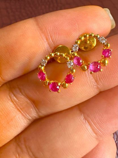 Elegant Natural Unheated Ruby & Diamond Stud Earrings in 18K Gold – Perfect for Everyday Wear