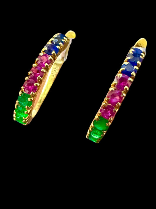 Trio of Royalty – Natural Sapphire, Ruby & Emerald Hoop Earrings in 20K solid gold.