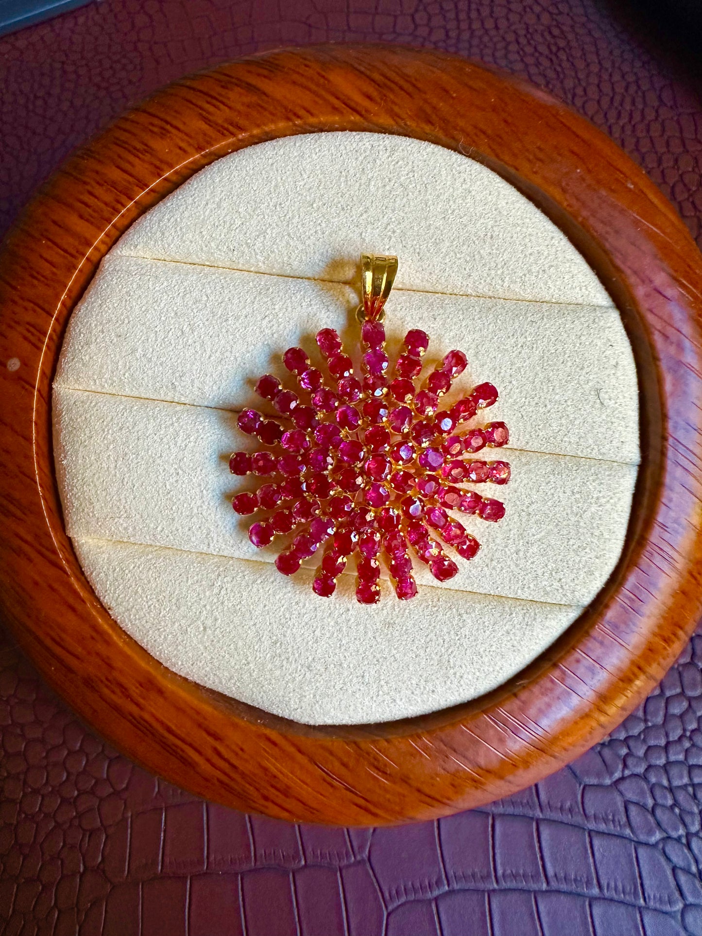 Majestic Natural Unheated Burmese Rubies Sunburst Pendant in 20K Solid Gold
