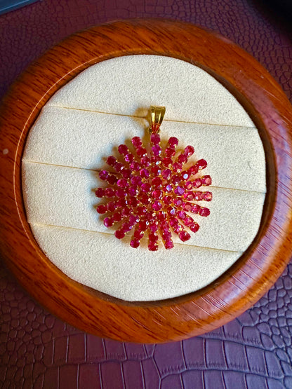 Majestic Natural Unheated Burmese Rubies Sunburst Pendant in 20K Solid Gold