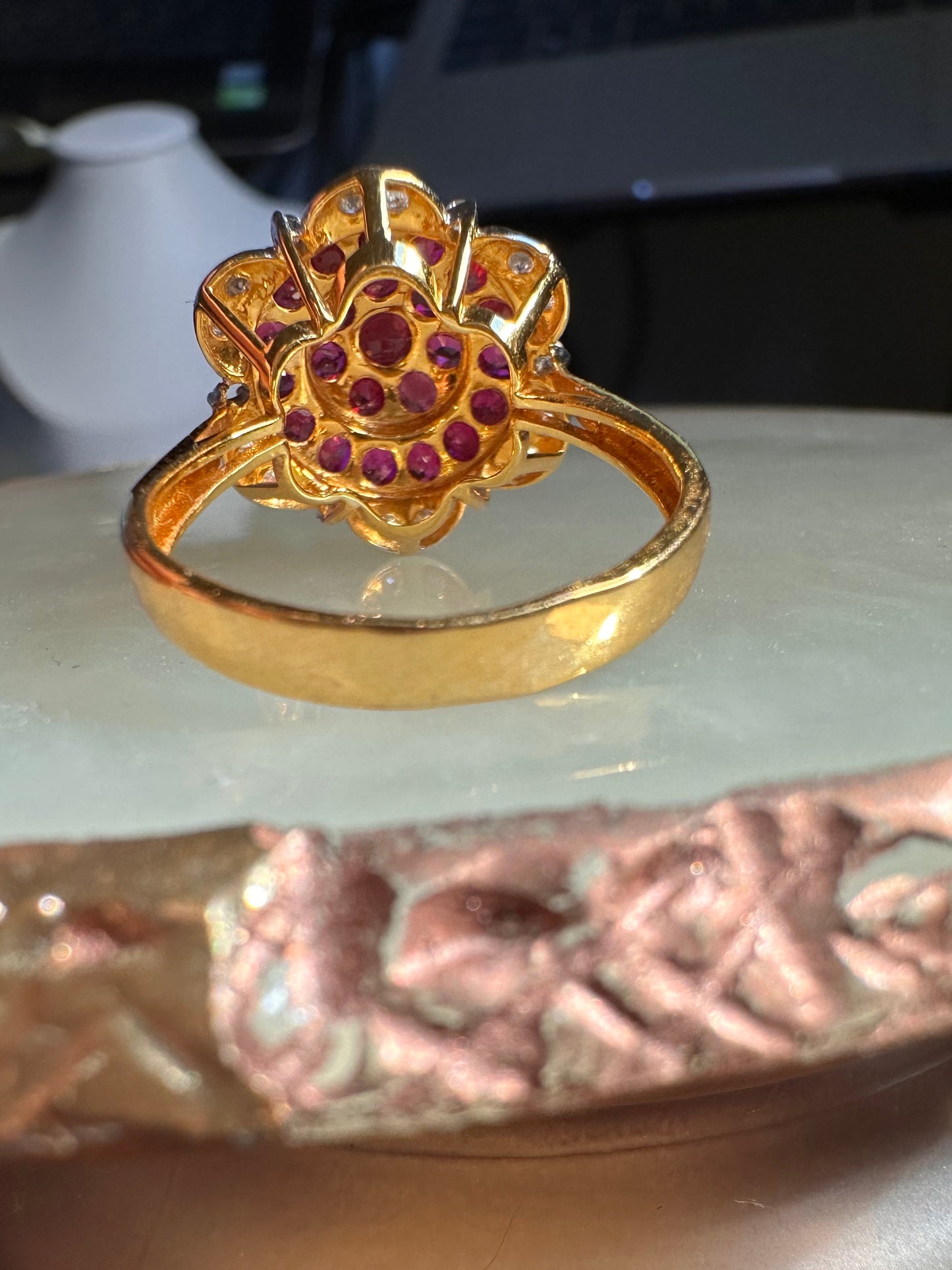 Pigeon Blood-Red Natural Unheated Burmese Ruby Sunburst Cluster Ring | Natural Diamonds | 20K Solid Gold