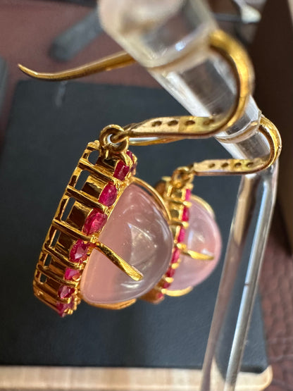 Elegant Rose Quartz & Ruby Earrings • Diamond Accented • 20ct Gold