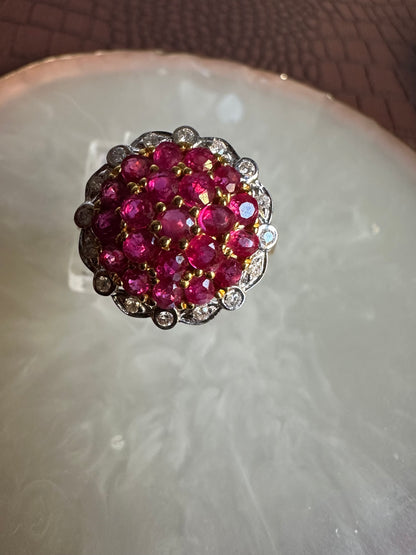 Pigeon Blood-Red Natural Unheated Burmese Ruby Sunburst Cluster Ring | Natural Diamonds | 20K Solid Gold