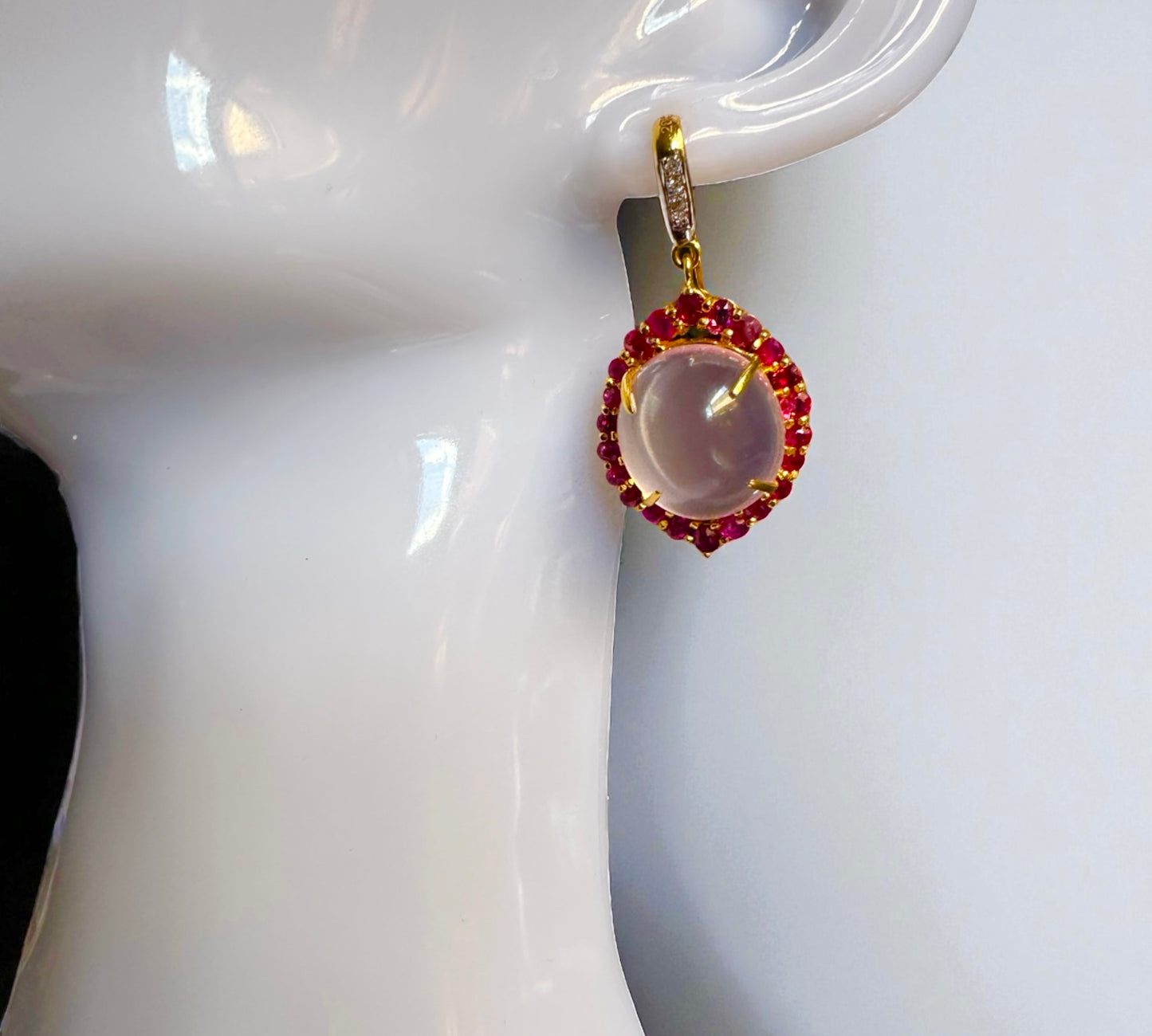 Elegant Rose Quartz & Ruby Earrings • Diamond Accented • 20ct Gold
