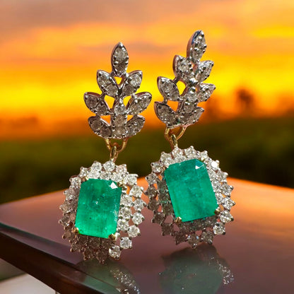 Emerald Cut Natural Emerald and Natural Diamonds Earrings and Pendant Set in 18K Solid Gold