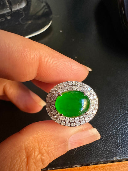 Natural Unheated Burmese Jadeite Jade (Type A) set with Double Halo Natural Diamonds in 18K Solid Gold.