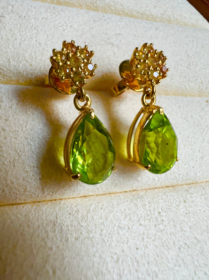 Natural Unheated Burmese Peridot (3.2 CT) and NaturalYellow Sapphire Earrings in 18K Solid Gold