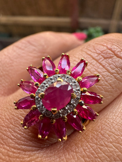 Vintage Sunflower Design Burmese Natural Unheated Ruby (2.65CT) and Diamonds Ring in 20K Solid Gold