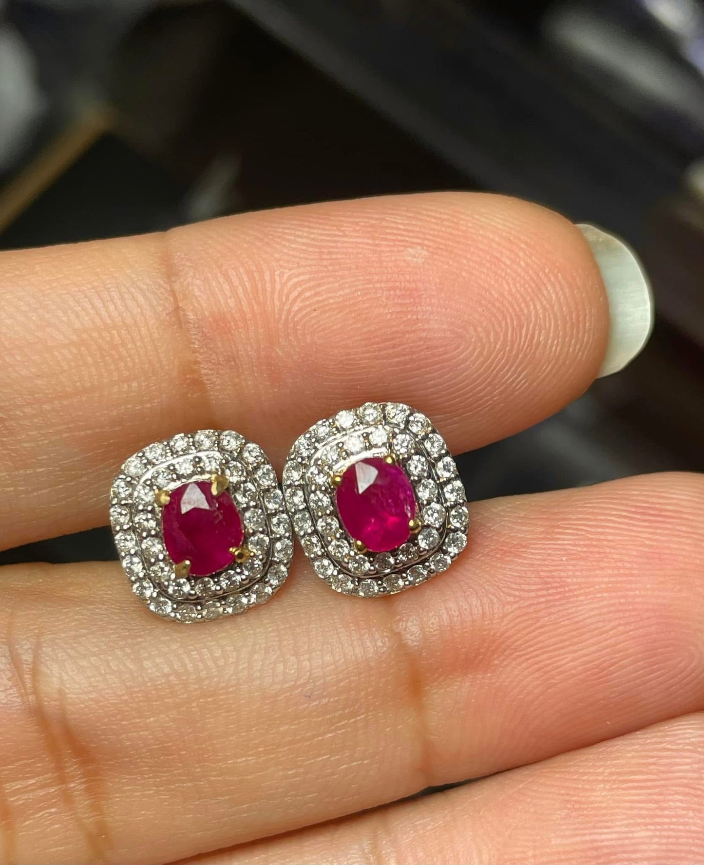 Natural unheated Burmese rubies (1.50CT) and natural diamond drop earrings in 20K solid gold