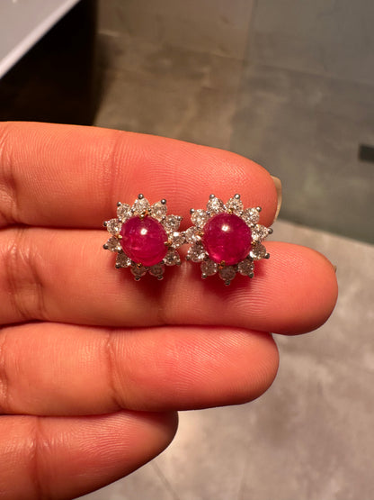 Natural Unheated Burmese Cabochon Ruby & Diamond Halo Stud Earrings | 3.00ct Rubies|18ct Solid Gold