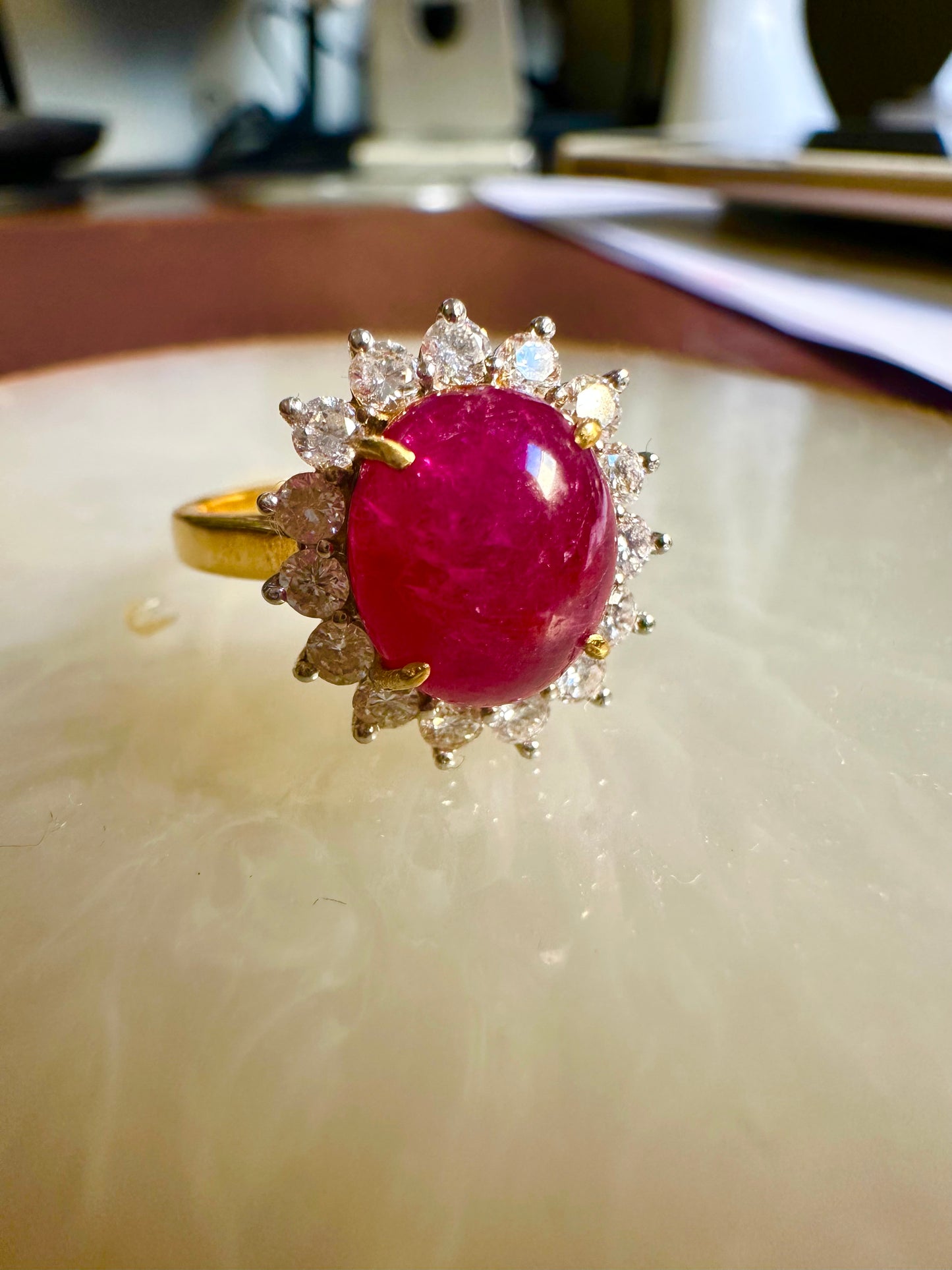 Natural Unheated Burmese Cabochon Ruby & Diamond Halo Ring | 4.67ct Ruby | 18ct Yellow Gold