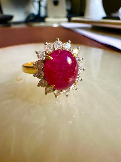Natural Unheated Burmese Cabochon Ruby & Diamond Halo Ring | 4.67ct Ruby | 18ct Yellow Gold