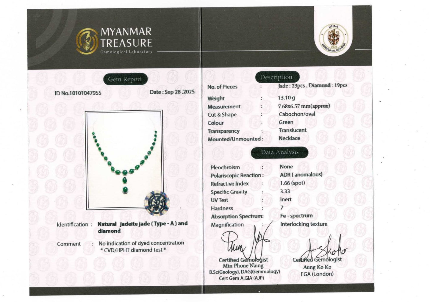 Natural Burmese Jadeite Jade (18.8CT) and Natural Diamonds Necklace in Solid Gold