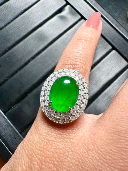 Natural Unheated Burmese Jadeite Jade (Type A) set with Double Halo Natural Diamonds in 18K Solid Gold.