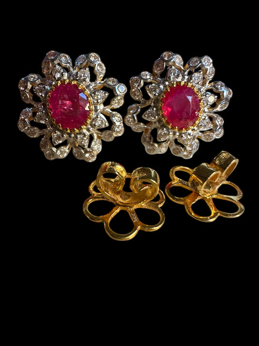 Vintage Bloom – Natural Unheated Burmese Ruby & Diamond Floral Earrings in 20K Solid Gold
