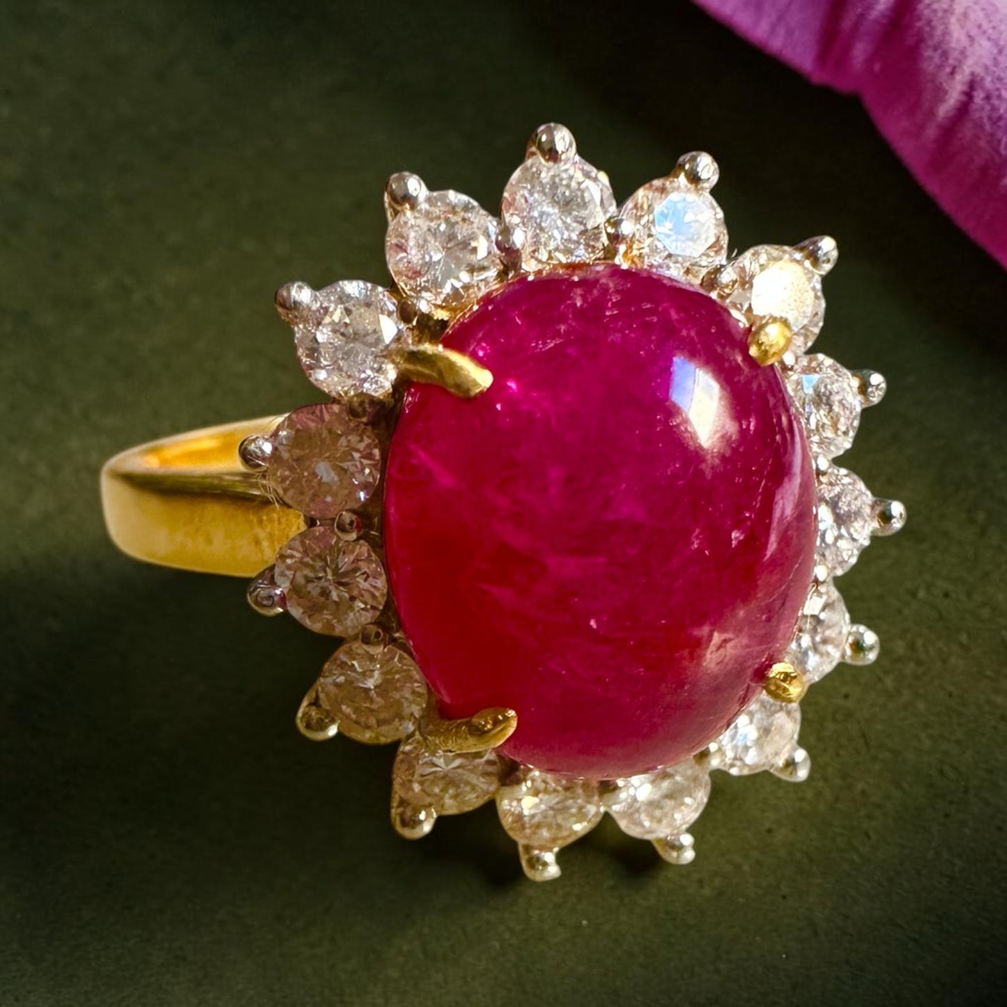 Natural Unheated Burmese Cabochon Ruby & Diamond Halo Ring | 4.67ct Ruby | 18ct Yellow Gold